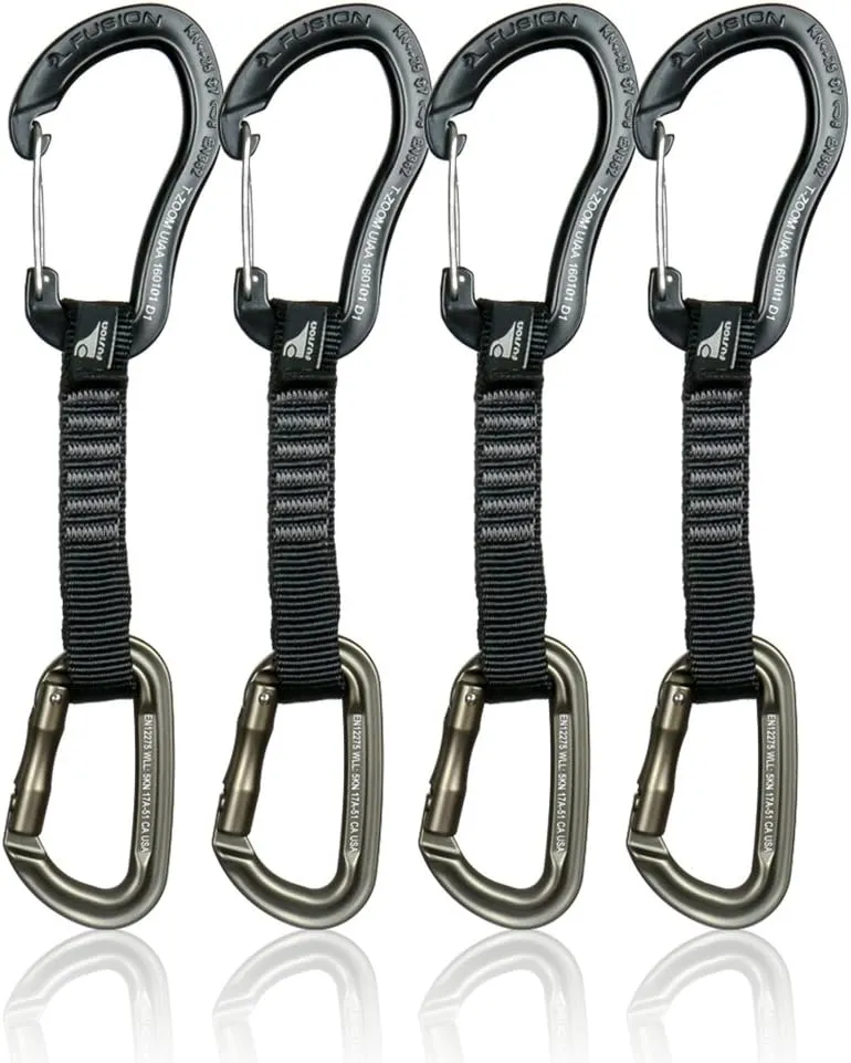 Fusion Climb 4-Pack 12cm Tactical Military Rescue Quickdraw Set with Techno Zoom Wire Gate Black/Contigua Straight Gate Brown Carabiners, One Size