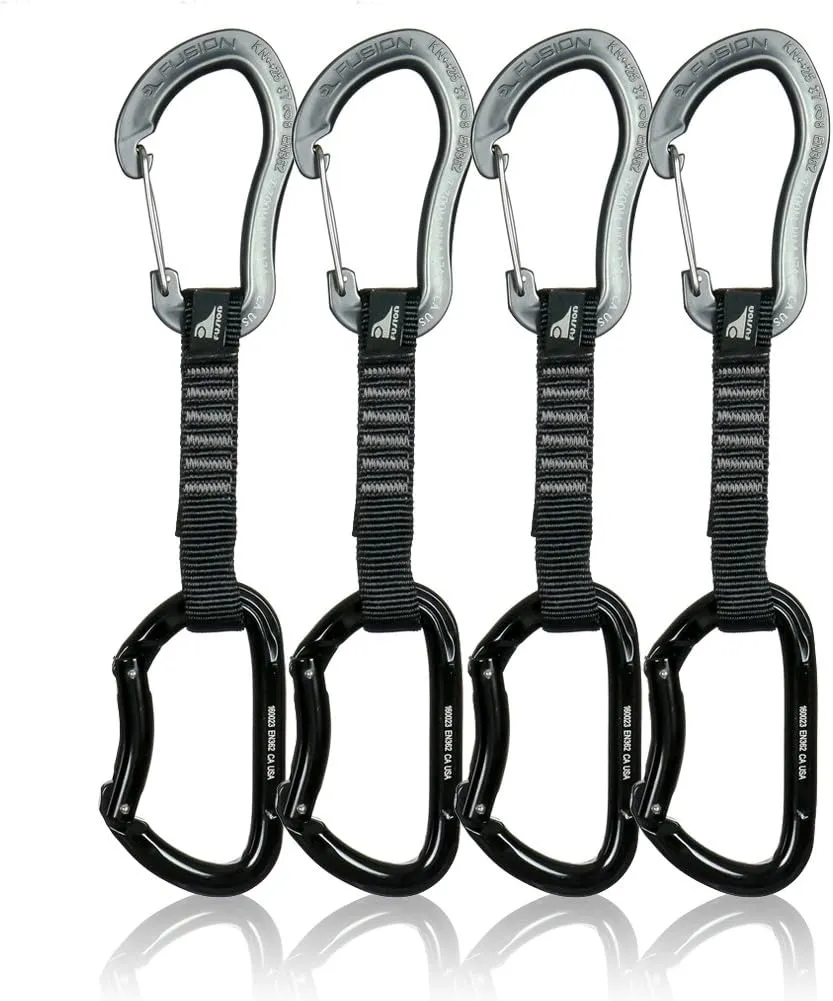 Fusion Climb 4-Pack 12cm Tactical Military Rescue Quickdraw Set with Techno Zoom Wire Gate Gray/Vapor Bent Gate Black Carabiners
