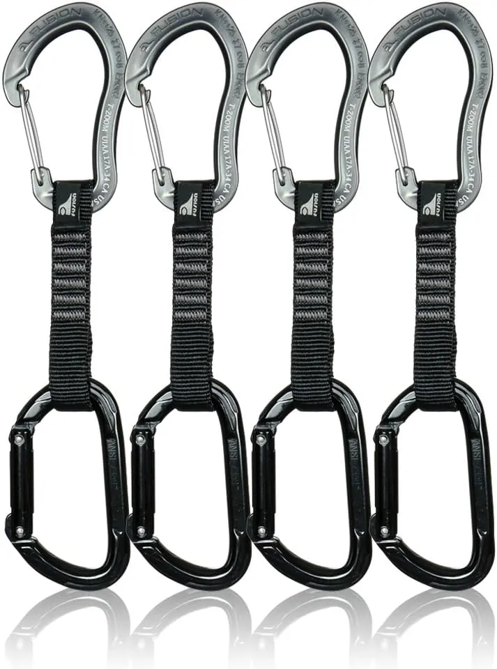 Fusion Climb 4-Pack 12cm Tactical Military Rescue Quickdraw Set with Techno Zoom Wire Gate Gray/Vapor Straight Gate Black Carabiners