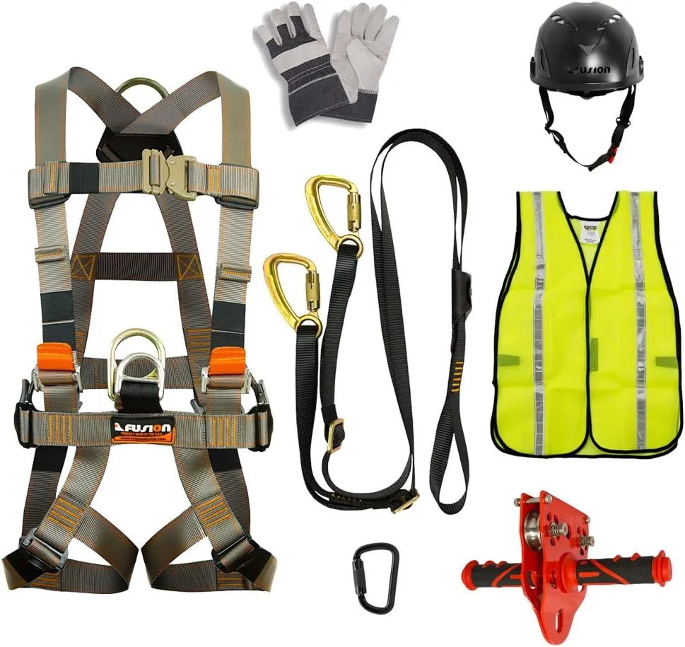 Fusion Climb Pro Backyard Zip Line Kit Harness Lanyard Trolley Carabiner Helmet Vest Glove Bundle FK-A-HLTCHVG-36, black, one size