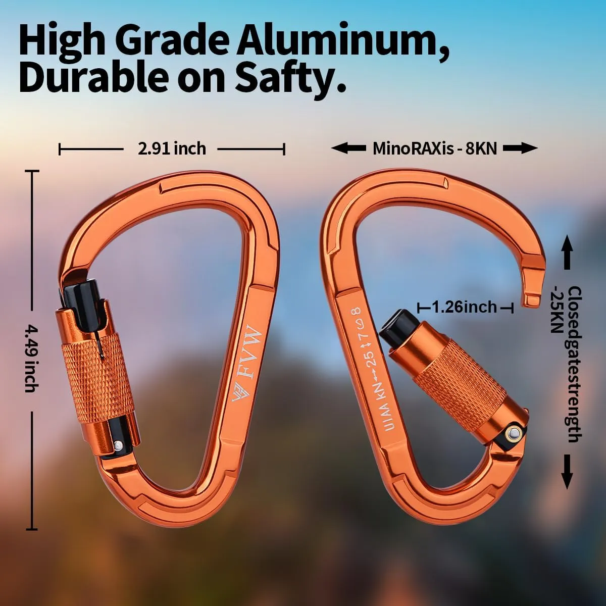 FVW Auto Locking Rock Climbing Carabiner Clips, UIAA Certified Professional 25KN (5620 lbs) Heavy Duty Caribeaners for Rappelling Swing Rescue & Gym etc,Large Carabiners,D-Shaped