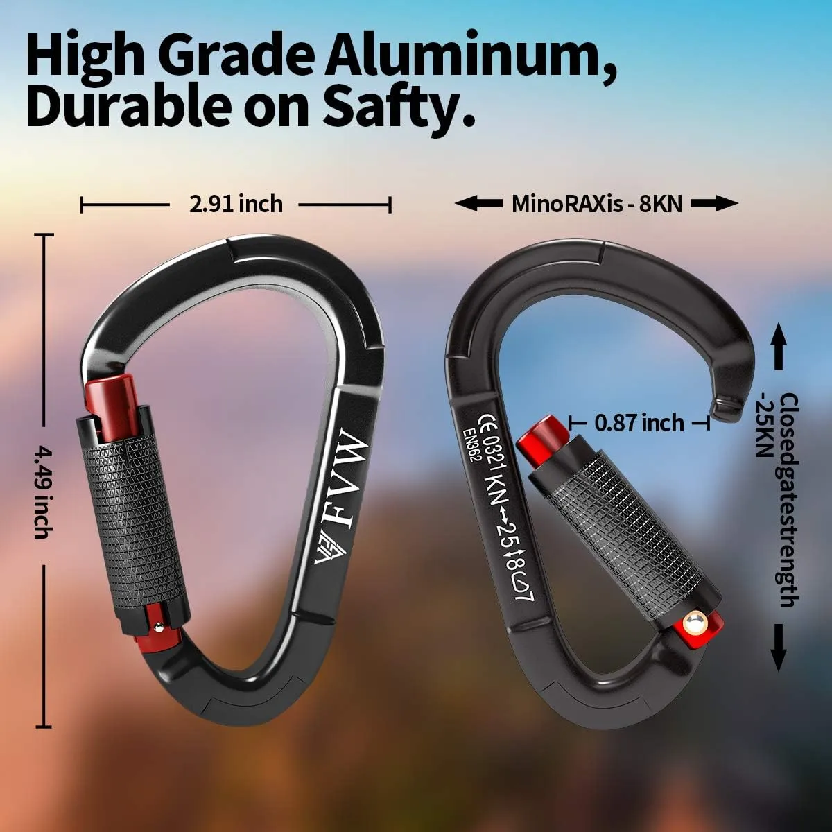 FVW Auto Locking Rock Climbing Carabiner Clips, UIAA Certified Professional 25KN (5620 lbs) Heavy Duty Caribeaners for Rappelling Swing Rescue & Gym etc,Large Carabiners,D-Shaped