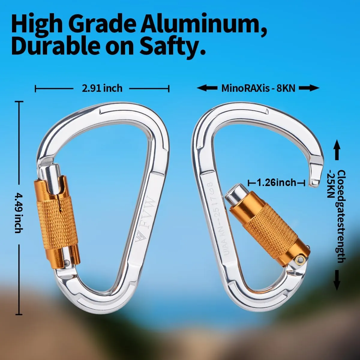 FVW Auto Locking Rock Climbing Carabiner Clips,Professional 25KN (5620 lbs) Heavy Duty Caribeaners for Rappelling Swing Rescue & Gym etc, Large D-Shaped Carabiners