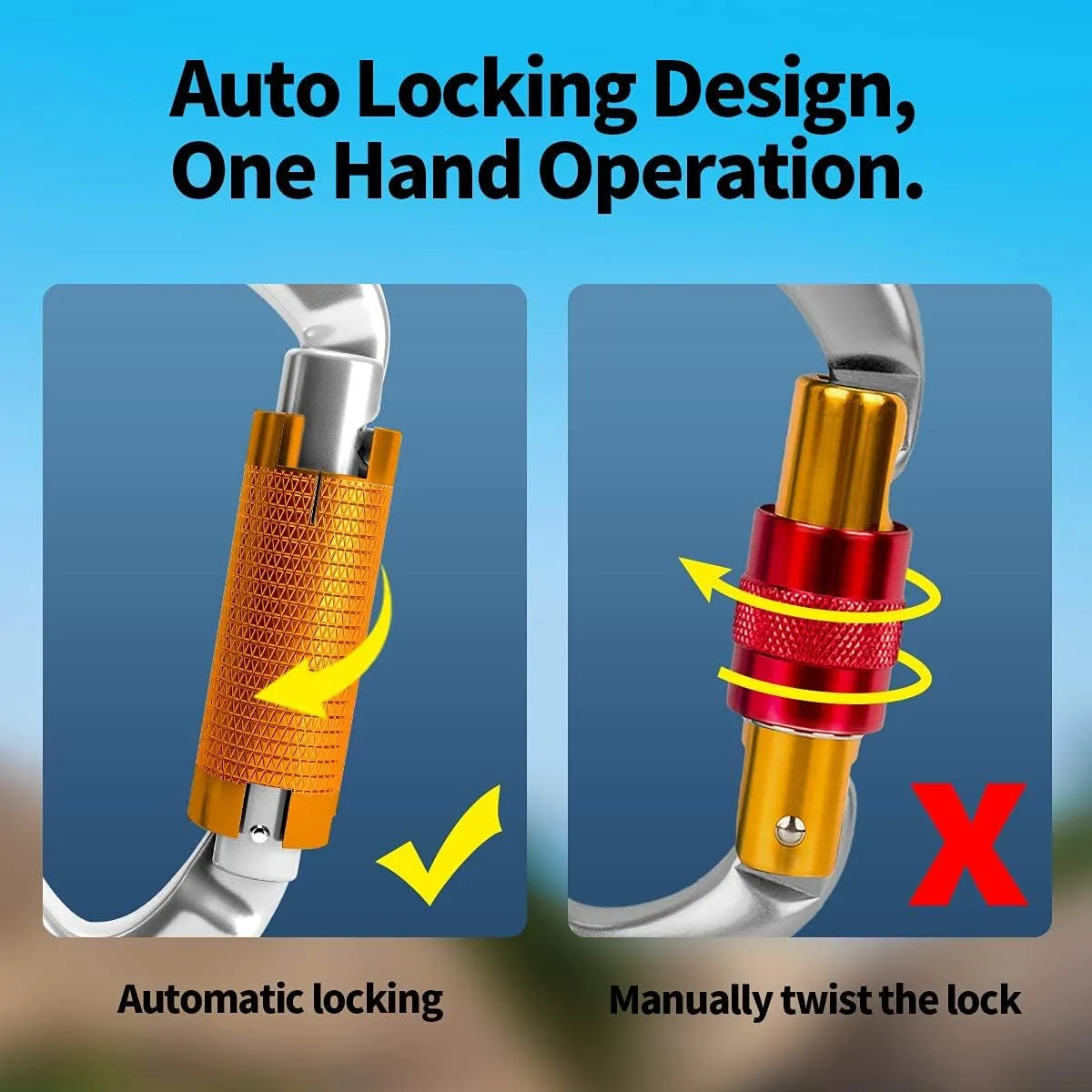 FVW Auto Locking Rock Climbing Carabiner Clips,Professional 25KN (5620 lbs) Heavy Duty Caribeaners for Rappelling Swing Rescue & Gym etc, Large D-Shaped Carabiners