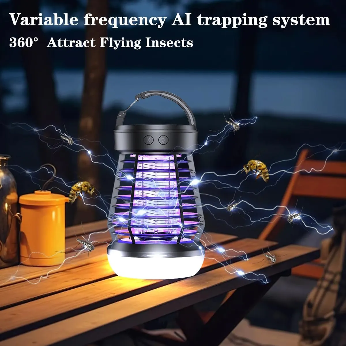 GARTO Bug Zapper Outdoor/Indoor, 2 in 1 Portable Camping Lanterns USB Rechargeable Mosquito Killer 2000mAh Battery Operated Cordless Fly Trap for Tents, Patios (Black)