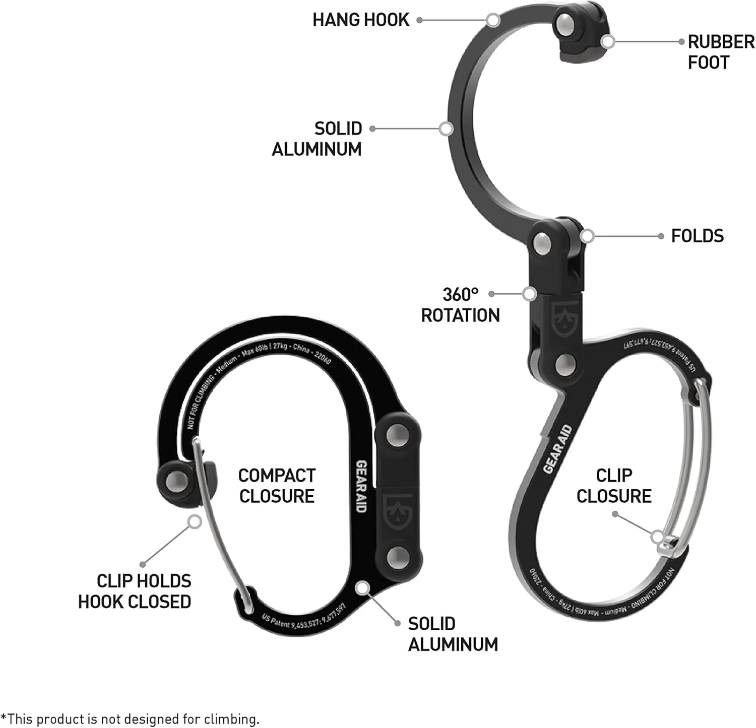 GEAR AID HEROCLIP 360° Swivel Carabiner Gear Clip and Hook (Medium) for Camping, Backpack, Suitcases and Garage Organization
