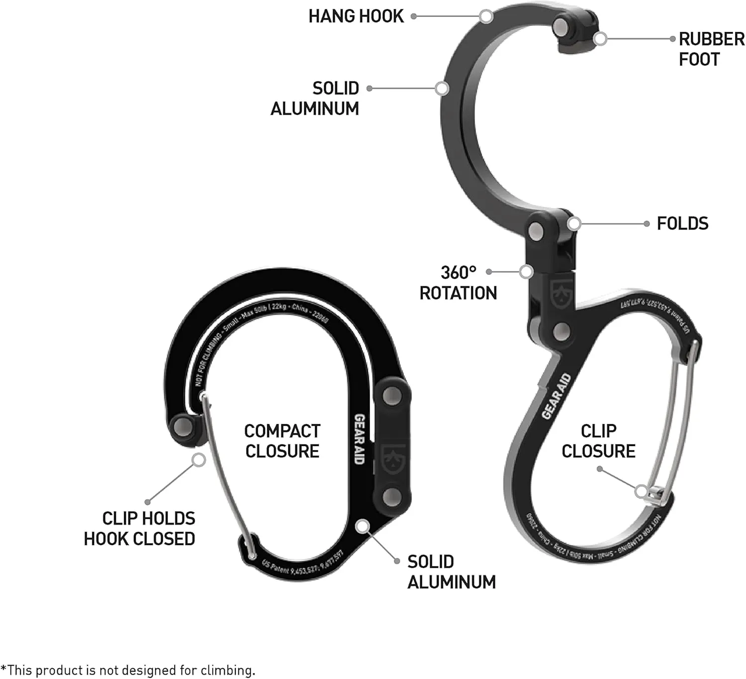 GEAR AID HEROCLIP (Small) Carabiner Gear Clip and Hook, for Hanging Bags, Purses, Lanterns, Strollers, Tools, Helmets, Water Bottles, and More