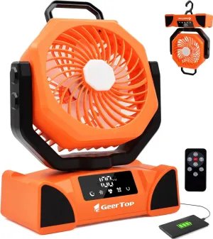GEERTOP Rechargeable Outdoor Oscillating Fan with Remote - 10000mAh Battery Powered, 5 Speed Levels, Portable Camping Fan with Led Lanterns
