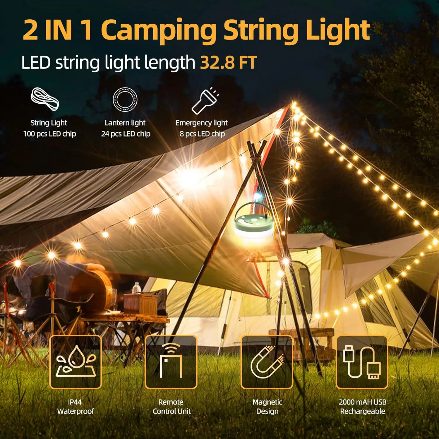 GHORA Camping String Lights, Outdoor USB Rechargeable 32.8' with Remote Control - 6 Modes IPX4 Waterproof Portable Warm Lights for Tent, Yard, Hiking & Decoration