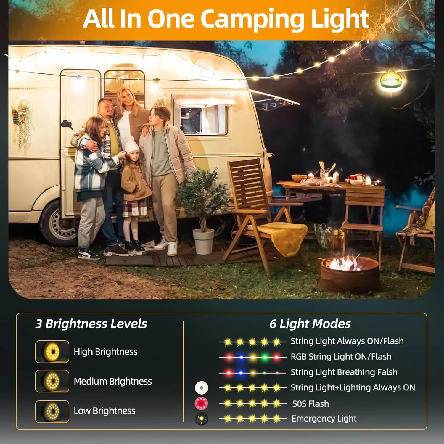 GHORA Camping String Lights, Outdoor USB Rechargeable 32.8' with Remote Control - 6 Modes IPX4 Waterproof Portable Warm Lights for Tent, Yard, Hiking & Decoration