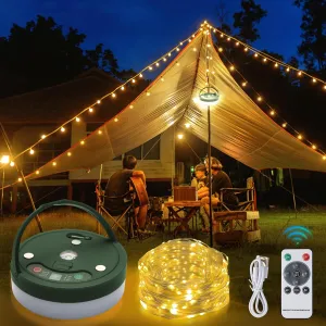 GHORA Camping String Lights, Outdoor USB Rechargeable 32.8' with Remote Control - 6 Modes IPX4 Waterproof Portable Warm Lights for Tent, Yard, Hiking & Decoration