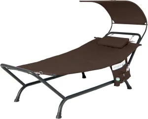 Giantex Hanging Hammock with Stand, Patio Hanging Chaise Lounge Chair w/Canopy, Cushion, Pillow & Storage Bag, Heavy Duty Swing Hammock Bed for Garden Lawn Backyard Patio Poolside Porch (Brown)