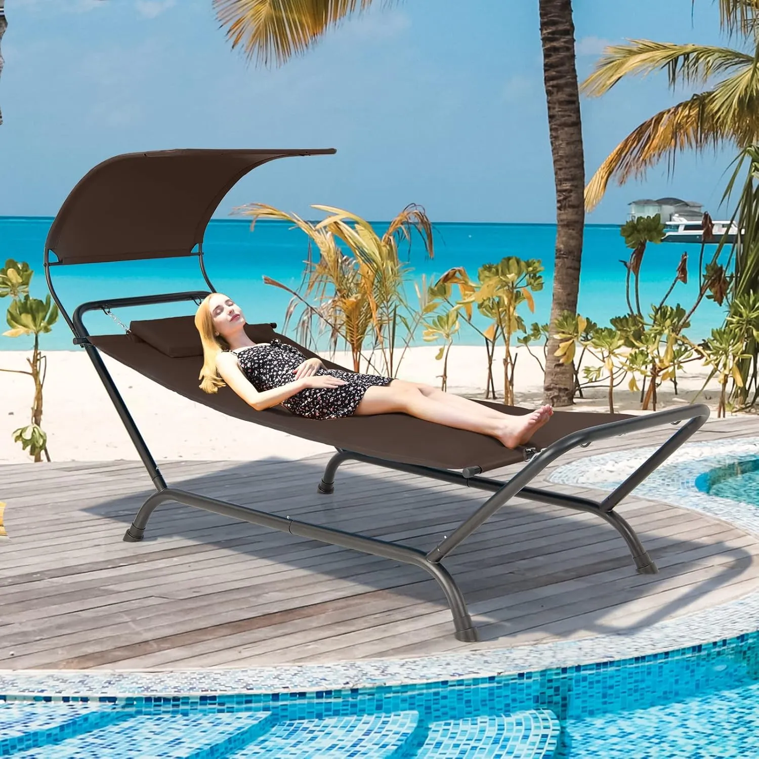 Giantex Hanging Hammock with Stand, Patio Hanging Chaise Lounge Chair w/Canopy, Cushion, Pillow & Storage Bag, Heavy Duty Swing Hammock Bed for Garden Lawn Backyard Patio Poolside Porch (Brown)