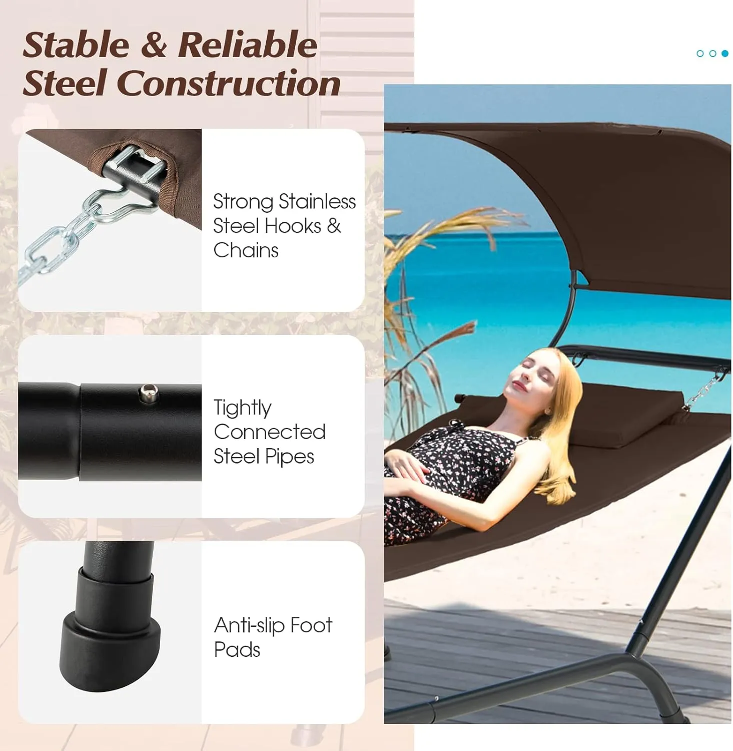 Giantex Hanging Hammock with Stand, Patio Hanging Chaise Lounge Chair w/Canopy, Cushion, Pillow & Storage Bag, Heavy Duty Swing Hammock Bed for Garden Lawn Backyard Patio Poolside Porch (Brown)