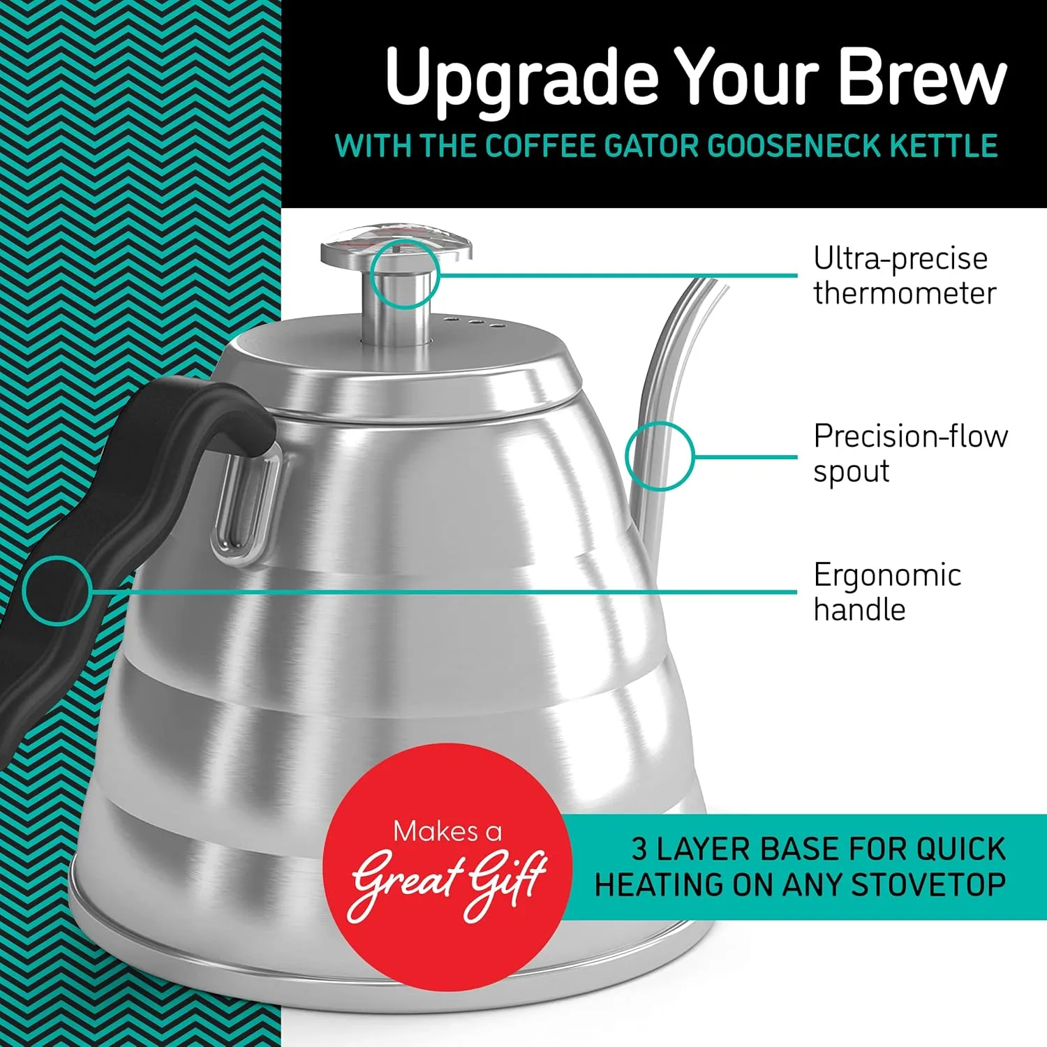 Gooseneck Kettle with Thermometer - 40oz Premium Stainless Steel Pour Over Coffee Maker Kettle, Stove Top, w/Precision Drip Spout, for Drip Coffee, French Press, Tea Kettle, 5 Cup
