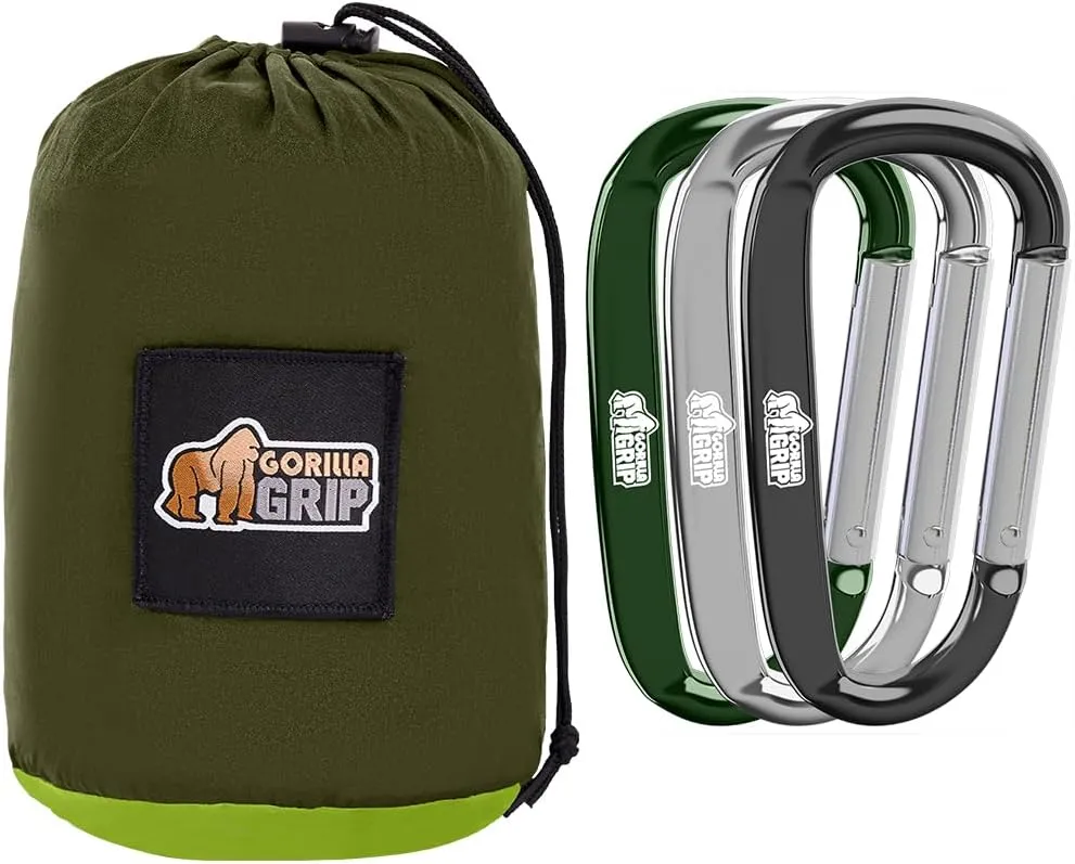 GORILLA GRIP Camping Hammock and Heavy Duty Carabiner Clip, Camping Hammock Holds 500 lbs in Green, Carabiner Clip 3 Pack in Black Silver Hunter Green, 2 Item Bundle