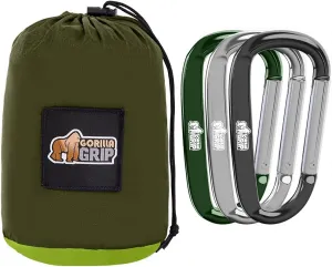 GORILLA GRIP Camping Hammock and Heavy Duty Carabiner Clip, Camping Hammock Holds 500 lbs in Green, Carabiner Clip 3 Pack in Black Silver Hunter Green, 2 Item Bundle