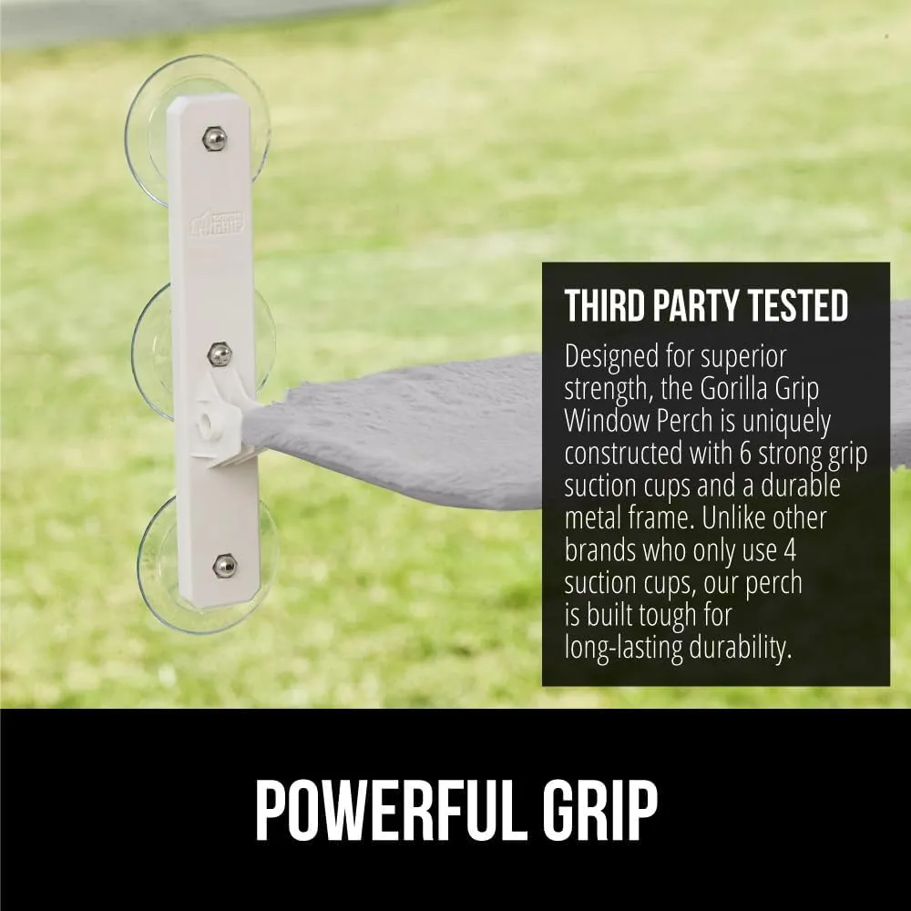 GORILLA GRIP Cat Window Perch, Sturdy Cat Hammock Bed Window Seat with 6 Large Suction Cups, Foldable Cordless Indoor Kitten Wall Shelves, Strong Metal Frame, Reversible Washable Cover, Large Gray