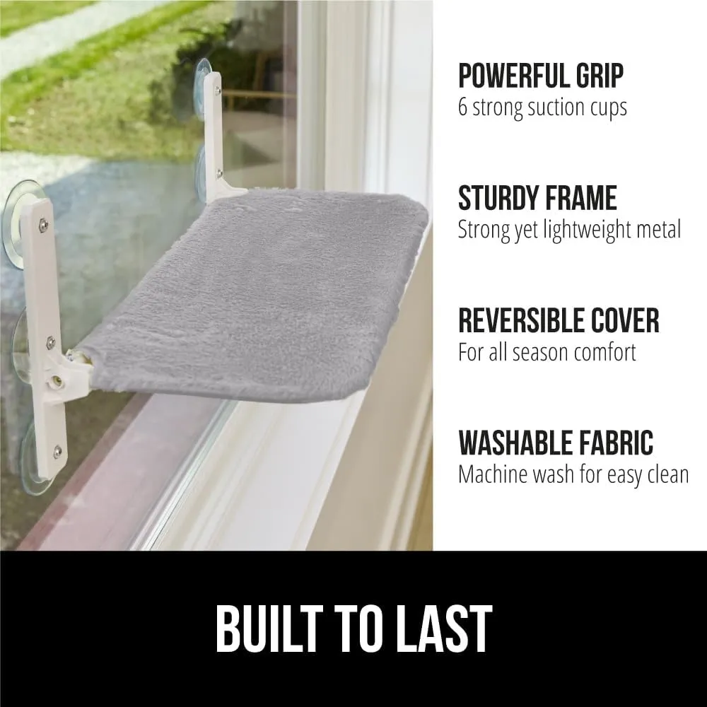 GORILLA GRIP Cat Window Perch, Sturdy Cat Hammock Bed Window Seat with 6 Large Suction Cups, Foldable Cordless Indoor Kitten Wall Shelves, Strong Metal Frame, Reversible Washable Cover, Large Gray