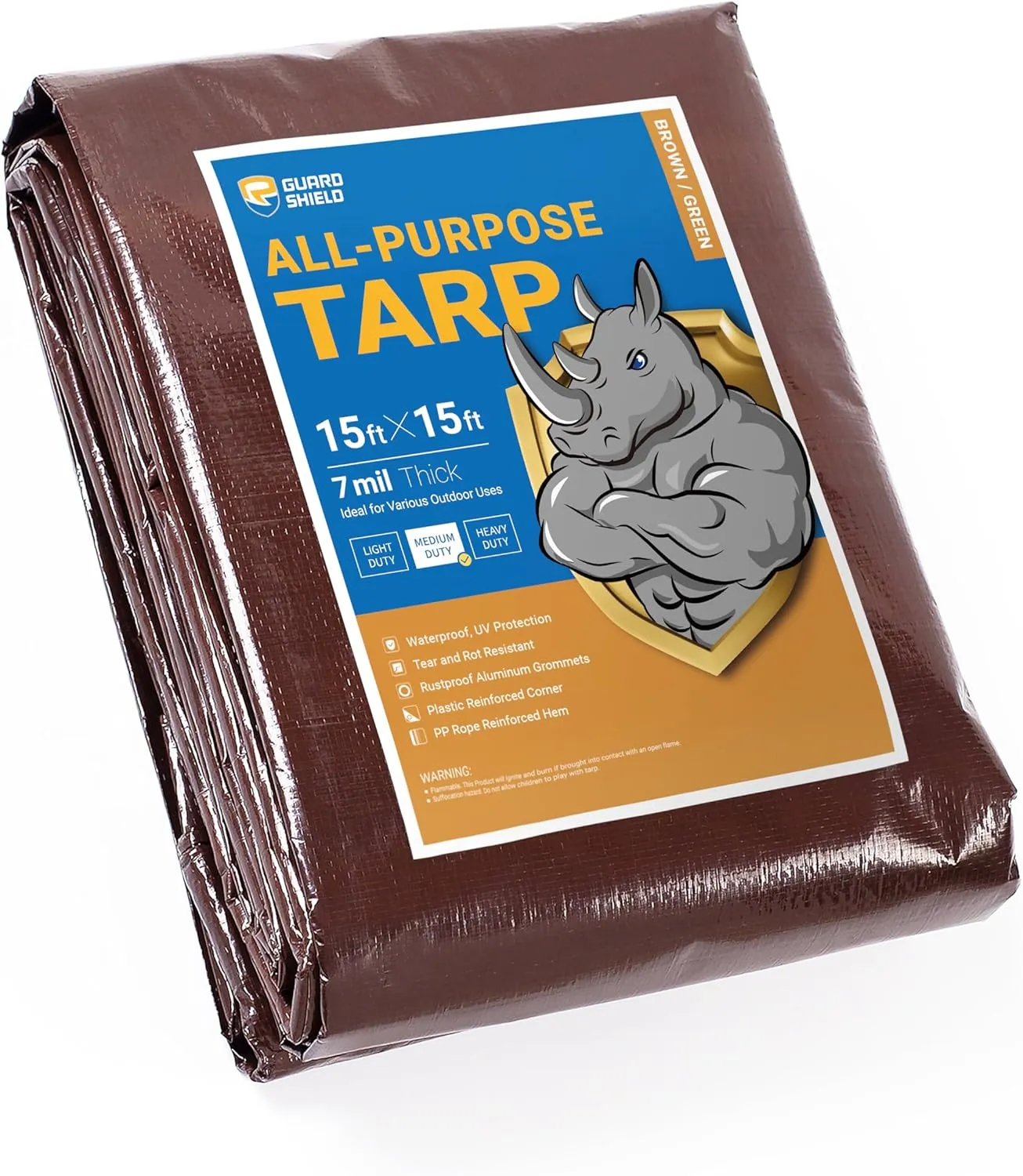 GUARD SHIELD Brown/Green Tarp 15x15 Feet Medium Duty Outdoor Waterproof Multi Purpose Poly Tarps Cover 7mil