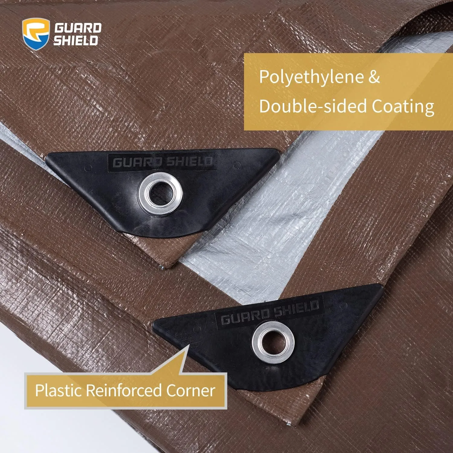 GUARD SHIELD Tarps Heavy Duty Waterproof 10x12 Feet Brown/Bright Silver Poly Tarp Cover Outdoor Thick UV Resistant Tarpaulin with Grommets 10mil