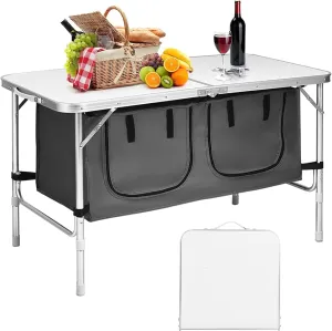 GYMAX Folding Camping Table with Storage, Portable Aluminum Folding Table Height Adjustable, Lightweight Camp Kitchen Table for Picnic BBQ Beach Backyard (Grey)