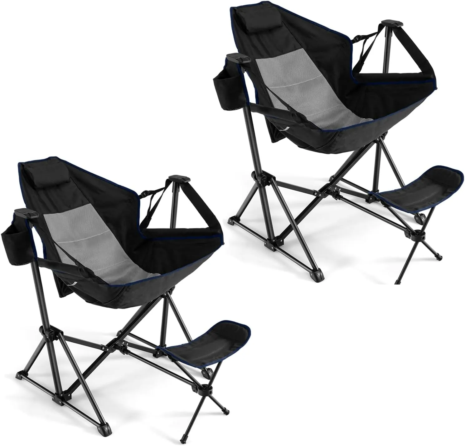 GYMAX Hammock Camping Chair, Folding Camp Chair with Detachable Footrest, Adjustable Backrest, Pillow, Cup Holder & Carry Bag, Portable Rocking Camping Chairs for Beach Lawn Fishing (2, Black)