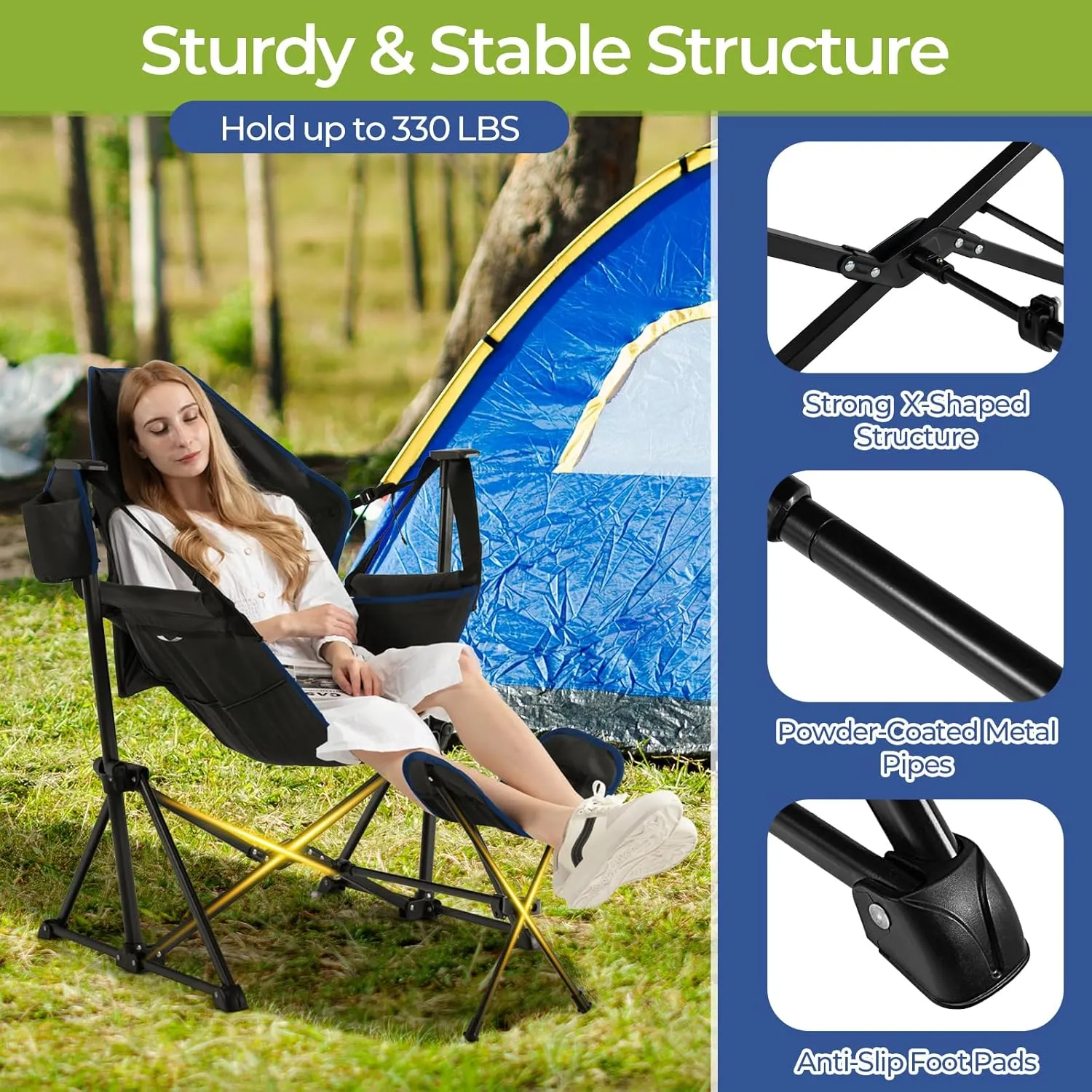 GYMAX Hammock Camping Chair, Folding Camp Chair with Detachable Footrest, Adjustable Backrest, Pillow, Cup Holder & Carry Bag, Portable Rocking Camping Chairs for Beach Lawn Fishing (2, Black)