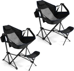 GYMAX Hammock Camping Chair, Folding Camp Chair with Detachable Footrest, Adjustable Backrest, Pillow, Cup Holder & Carry Bag, Portable Rocking Camping Chairs for Beach Lawn Fishing (2, Black)