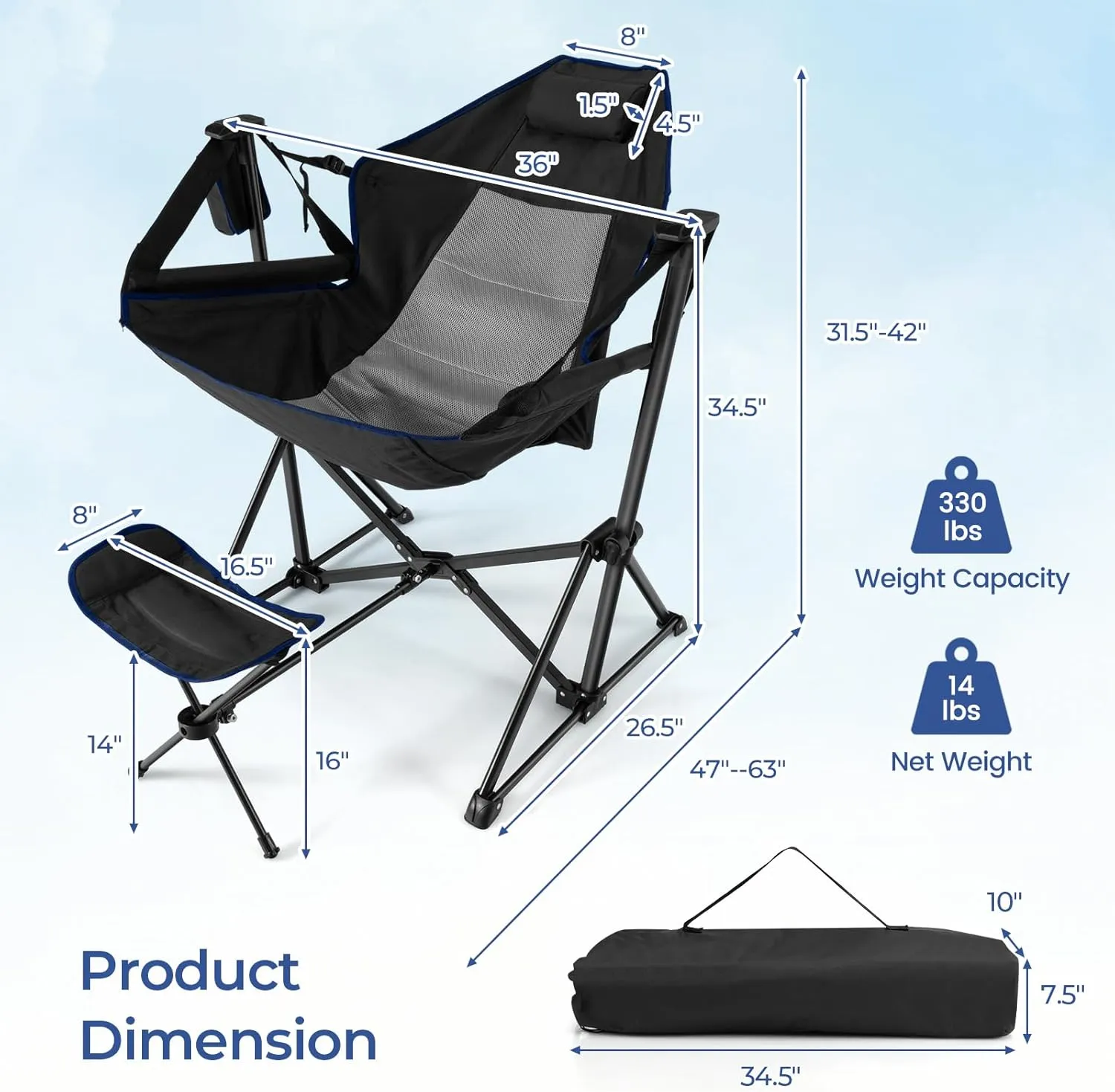 GYMAX Hammock Camping Chair, Folding Camp Chair with Detachable Footrest, Adjustable Backrest, Pillow, Cup Holder & Carry Bag, Portable Rocking Camping Chairs for Beach Lawn Fishing (2, Black)