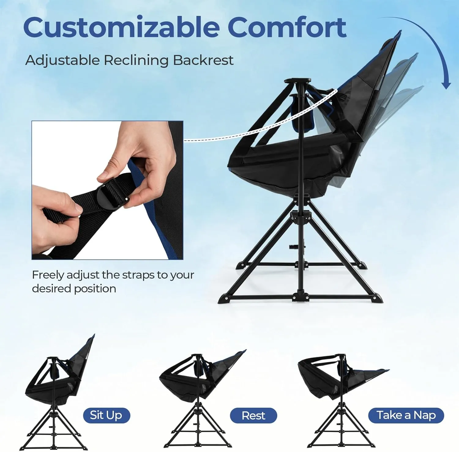 GYMAX Hammock Camping Chair, Folding Camp Chair with Detachable Footrest, Adjustable Backrest, Pillow, Cup Holder & Carry Bag, Portable Rocking Camping Chairs for Beach Lawn Fishing (2, Black)
