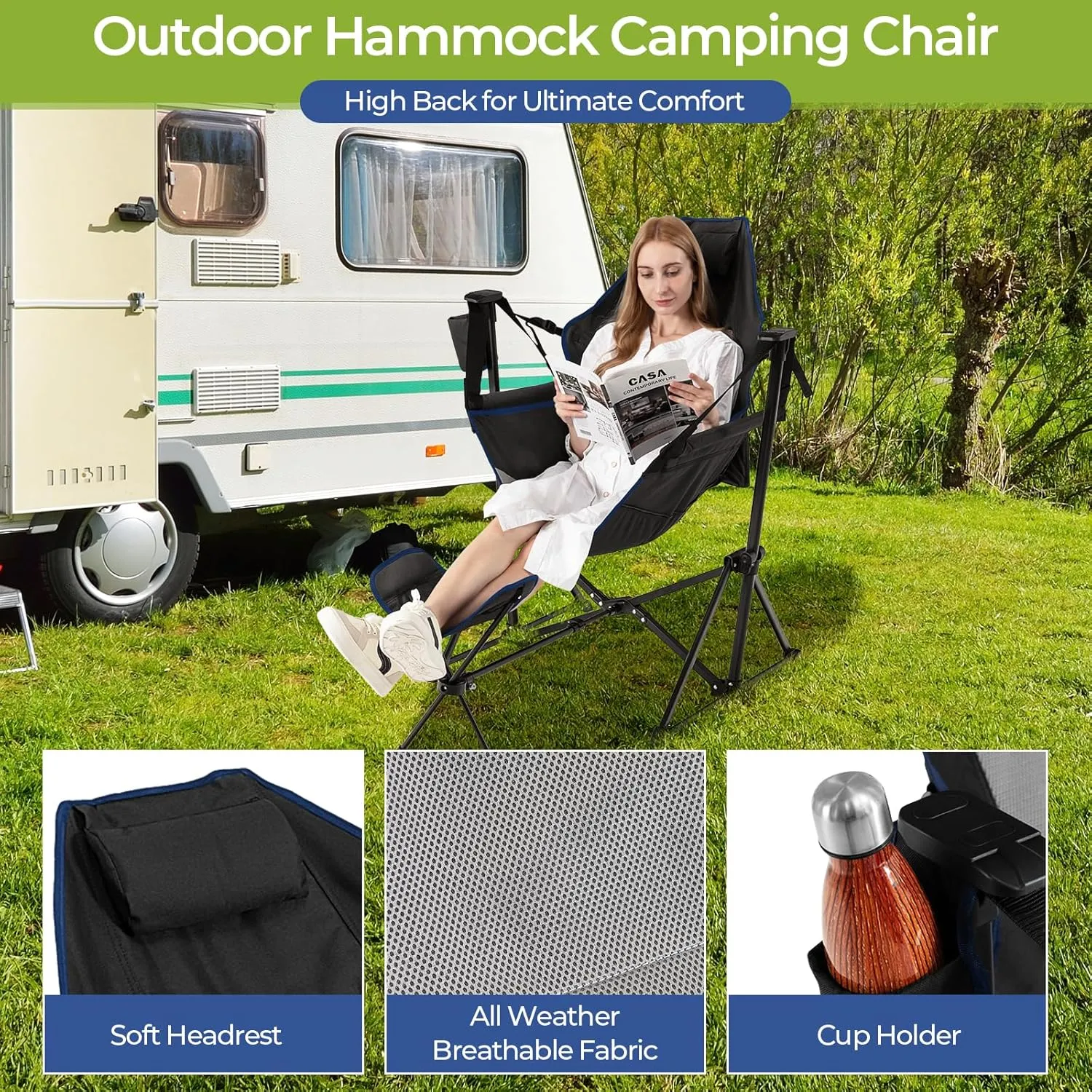 GYMAX Hammock Camping Chair, Folding Camp Chair with Detachable Footrest, Adjustable Backrest, Pillow, Cup Holder & Carry Bag, Portable Rocking Camping Chairs for Beach Lawn Fishing (2, Black)