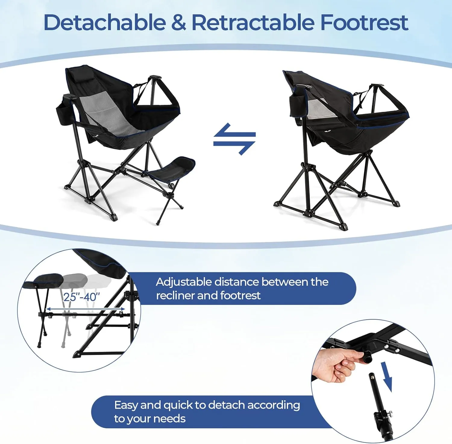 GYMAX Hammock Camping Chair, Folding Camp Chair with Detachable Footrest, Adjustable Backrest, Pillow, Cup Holder & Carry Bag, Portable Rocking Camping Chairs for Beach Lawn Fishing (2, Black)