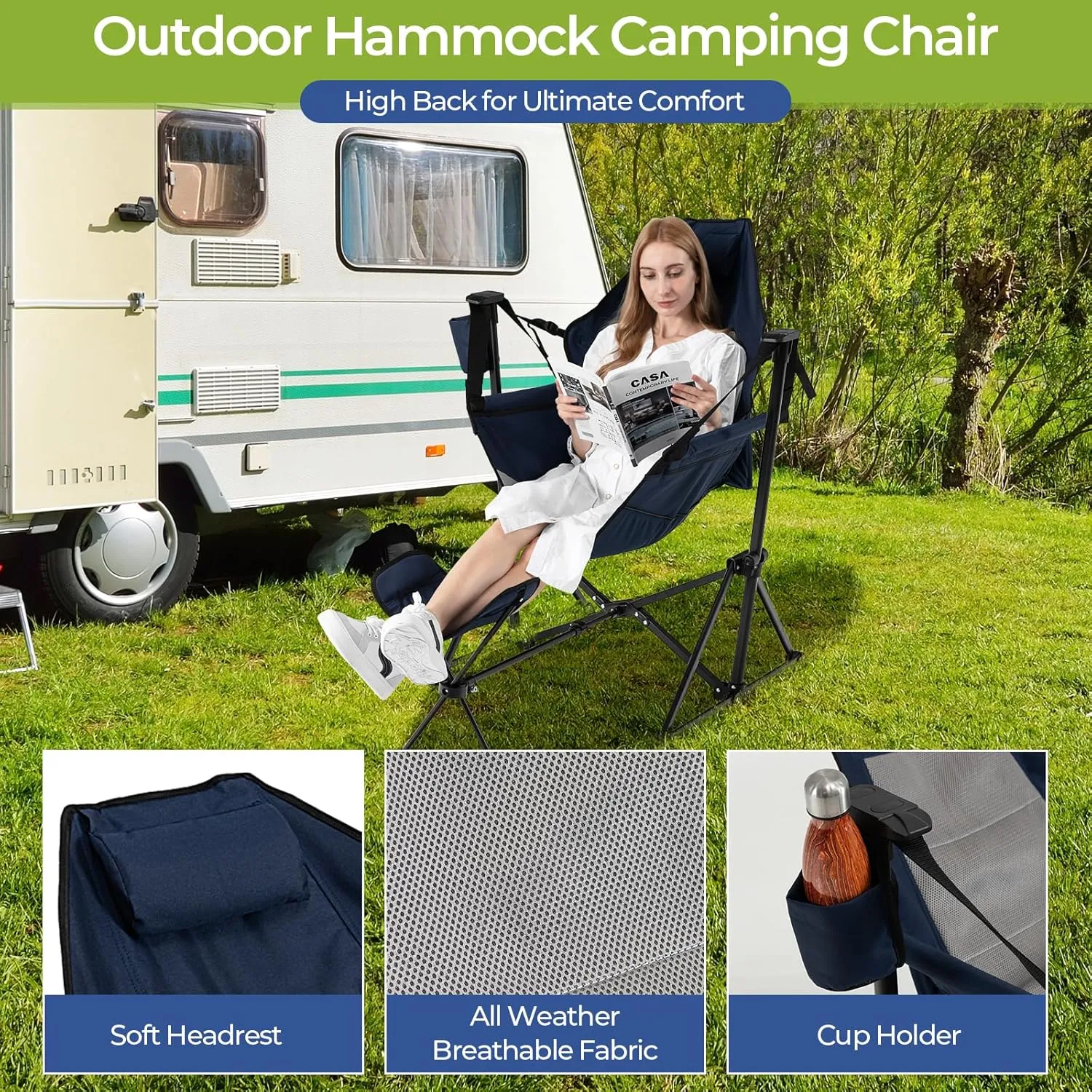 GYMAX Hammock Camping Chair, Folding Camp Chair with Detachable Footrest, Adjustable Backrest, Pillow, Cup Holder & Carry Bag, Portable Rocking Camping Chairs for Beach Lawn Fishing (2, Navy)