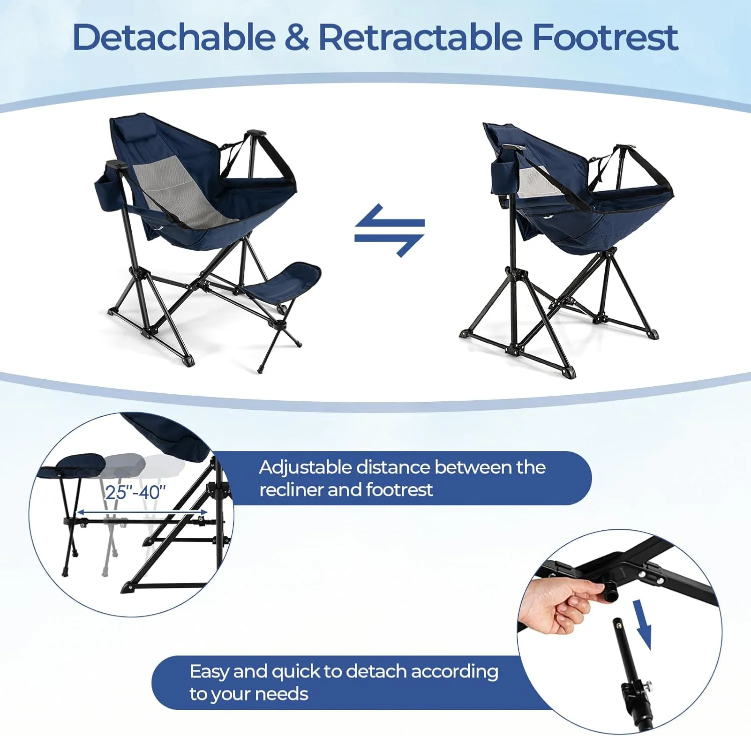 GYMAX Hammock Camping Chair, Folding Camp Chair with Detachable Footrest, Adjustable Backrest, Pillow, Cup Holder & Carry Bag, Portable Rocking Camping Chairs for Beach Lawn Fishing (2, Navy)
