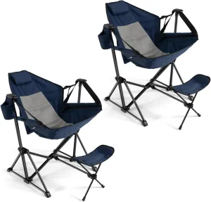 GYMAX Hammock Camping Chair, Folding Camp Chair with Detachable Footrest, Adjustable Backrest, Pillow, Cup Holder & Carry Bag, Portable Rocking Camping Chairs for Beach Lawn Fishing (2, Navy)