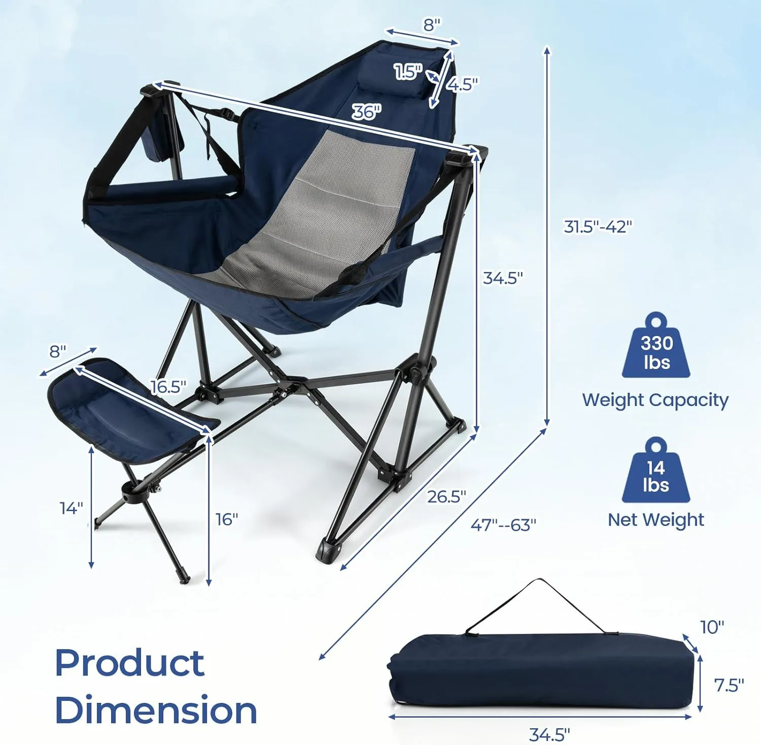 GYMAX Hammock Camping Chair, Folding Camp Chair with Detachable Footrest, Adjustable Backrest, Pillow, Cup Holder & Carry Bag, Portable Rocking Camping Chairs for Beach Lawn Fishing (2, Navy)