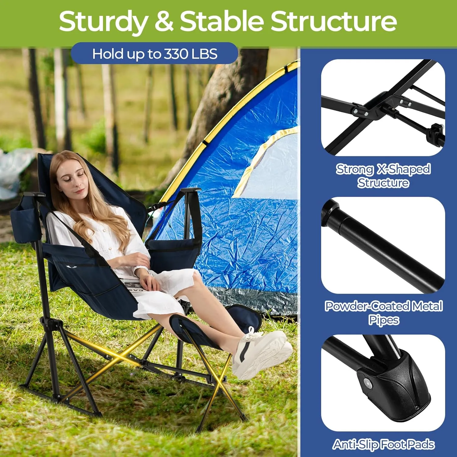 GYMAX Hammock Camping Chair, Folding Camp Chair with Detachable Footrest, Adjustable Backrest, Pillow, Cup Holder & Carry Bag, Portable Rocking Camping Chairs for Beach Lawn Fishing (2, Navy)