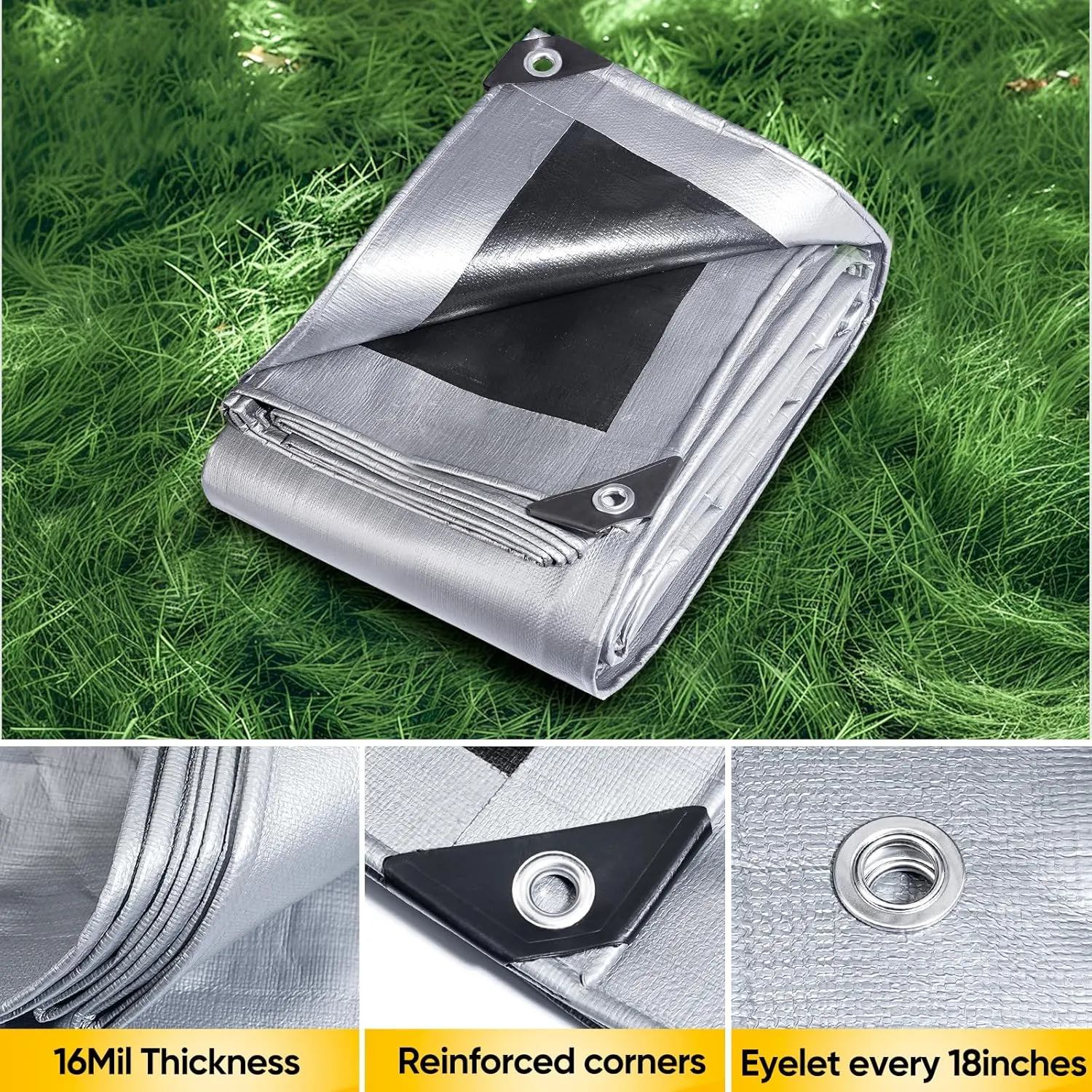 GZBtech 16Mil Heavy Duty Tarp 10x10FT, Waterproof Thick Plastic Ground Cover for Outdoor Patio Garden Yard Use, UV Resistant Poly Tarps for Trailer Car Truck Bike Pool Firewood Silver&Black