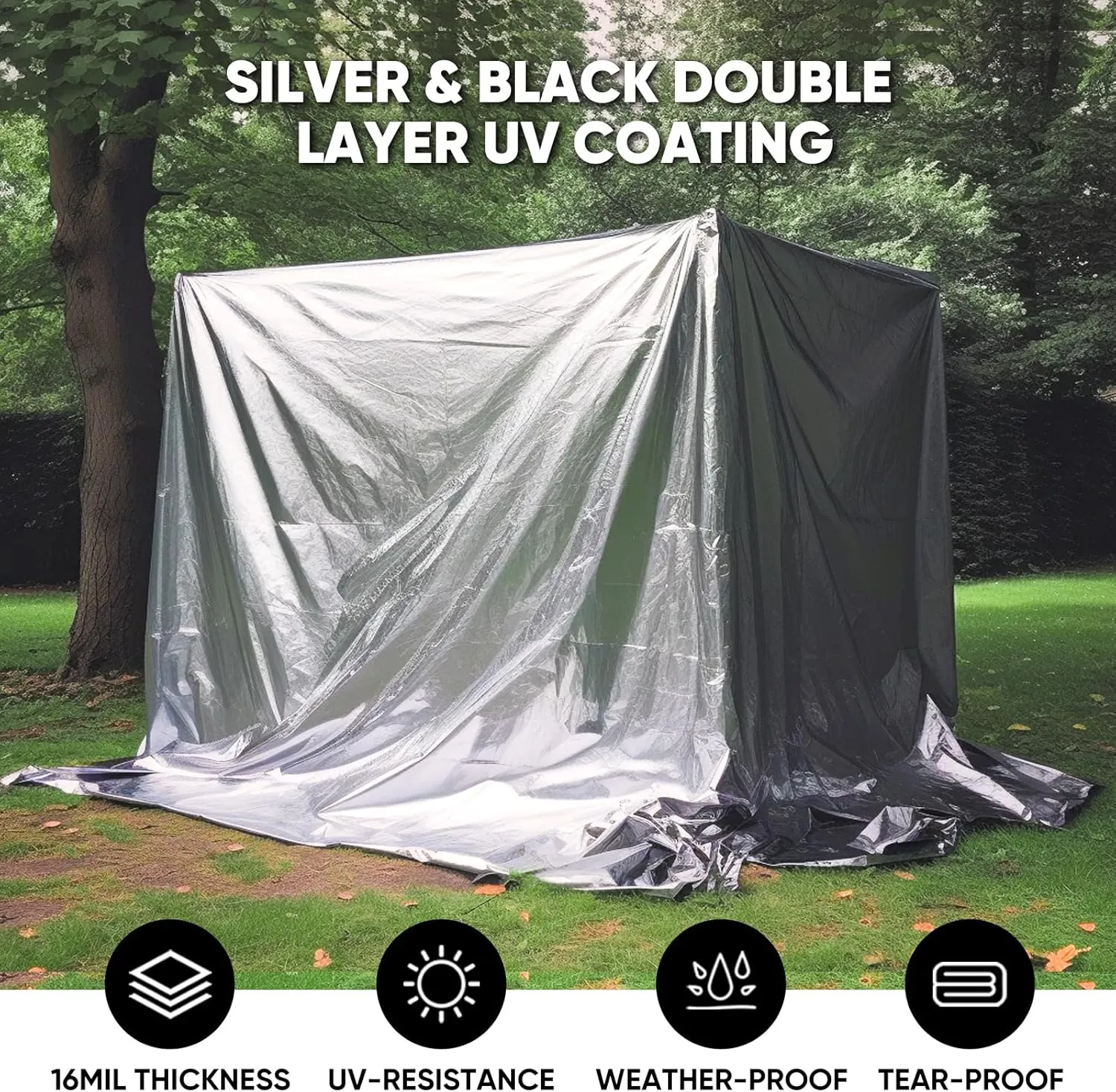 GZBtech 16Mil Heavy Duty Tarp 10x10FT, Waterproof Thick Plastic Ground Cover for Outdoor Patio Garden Yard Use, UV Resistant Poly Tarps for Trailer Car Truck Bike Pool Firewood Silver&Black
