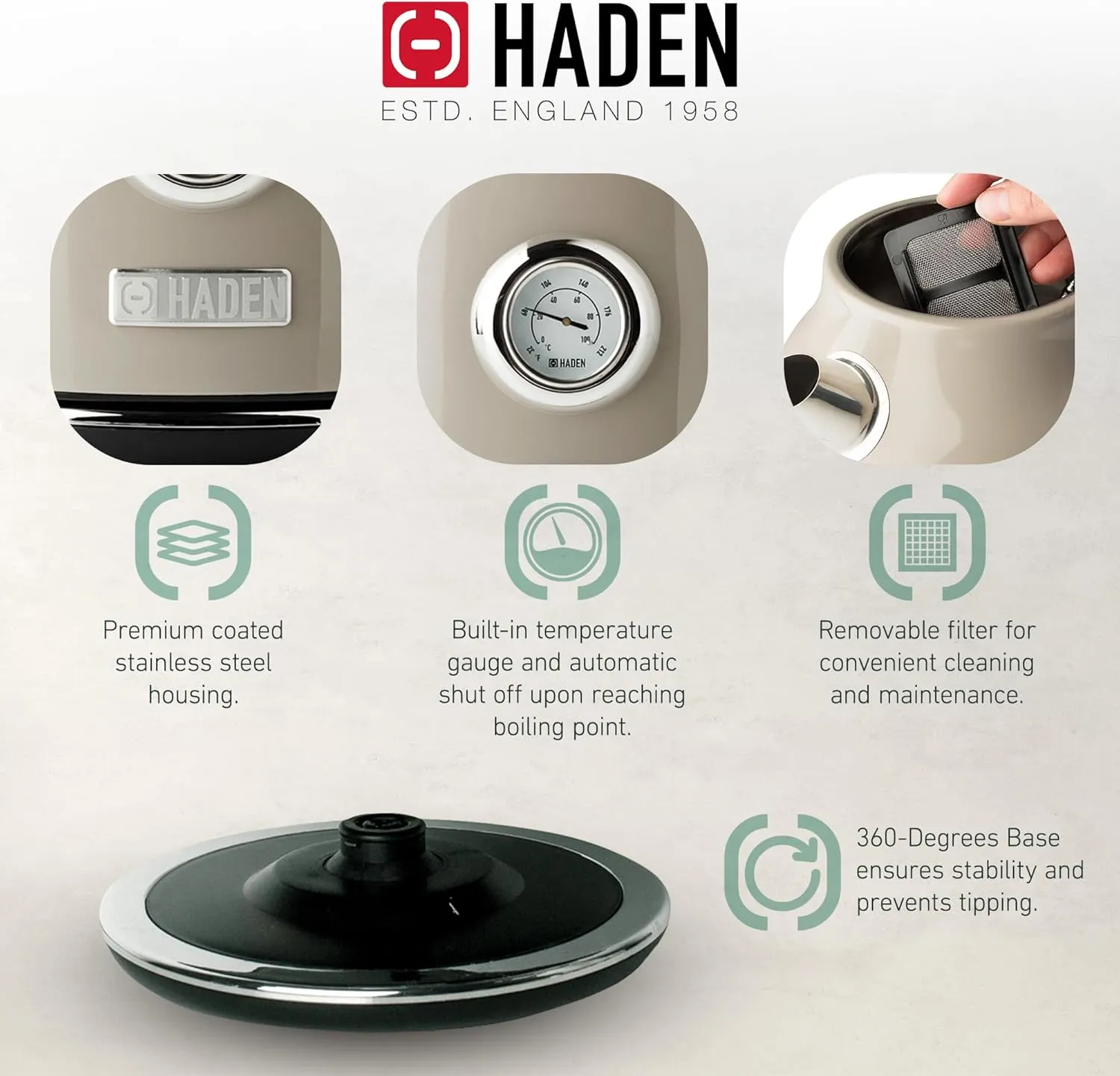 Haden Dorset 1.7 Liter Stainless Steel Electric Kettle, Hot Water Kettle with 360-Degree Base and Auto Shutoff, Putty & Chrome