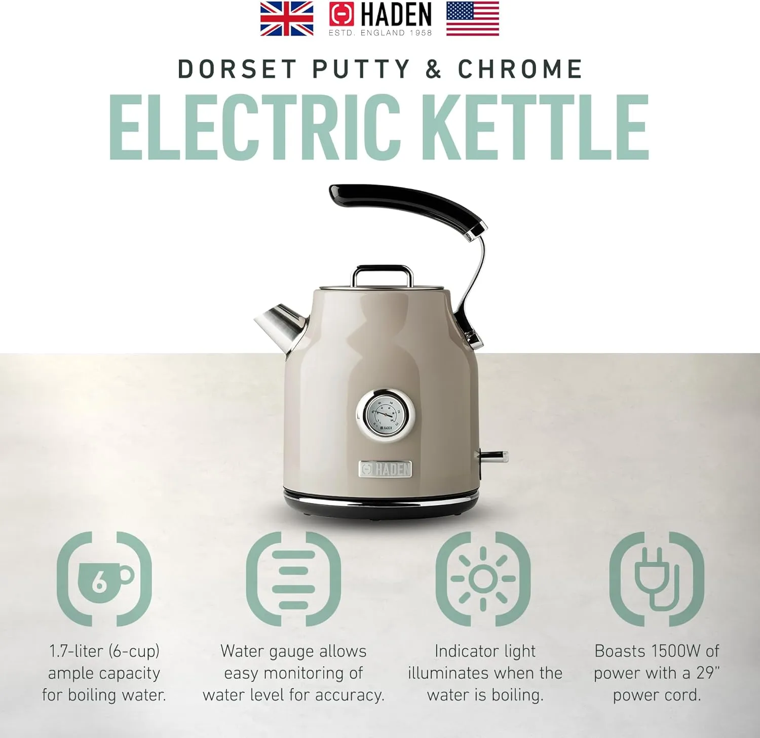 Haden Dorset 1.7 Liter Stainless Steel Electric Kettle, Hot Water Kettle with 360-Degree Base and Auto Shutoff, Putty & Chrome