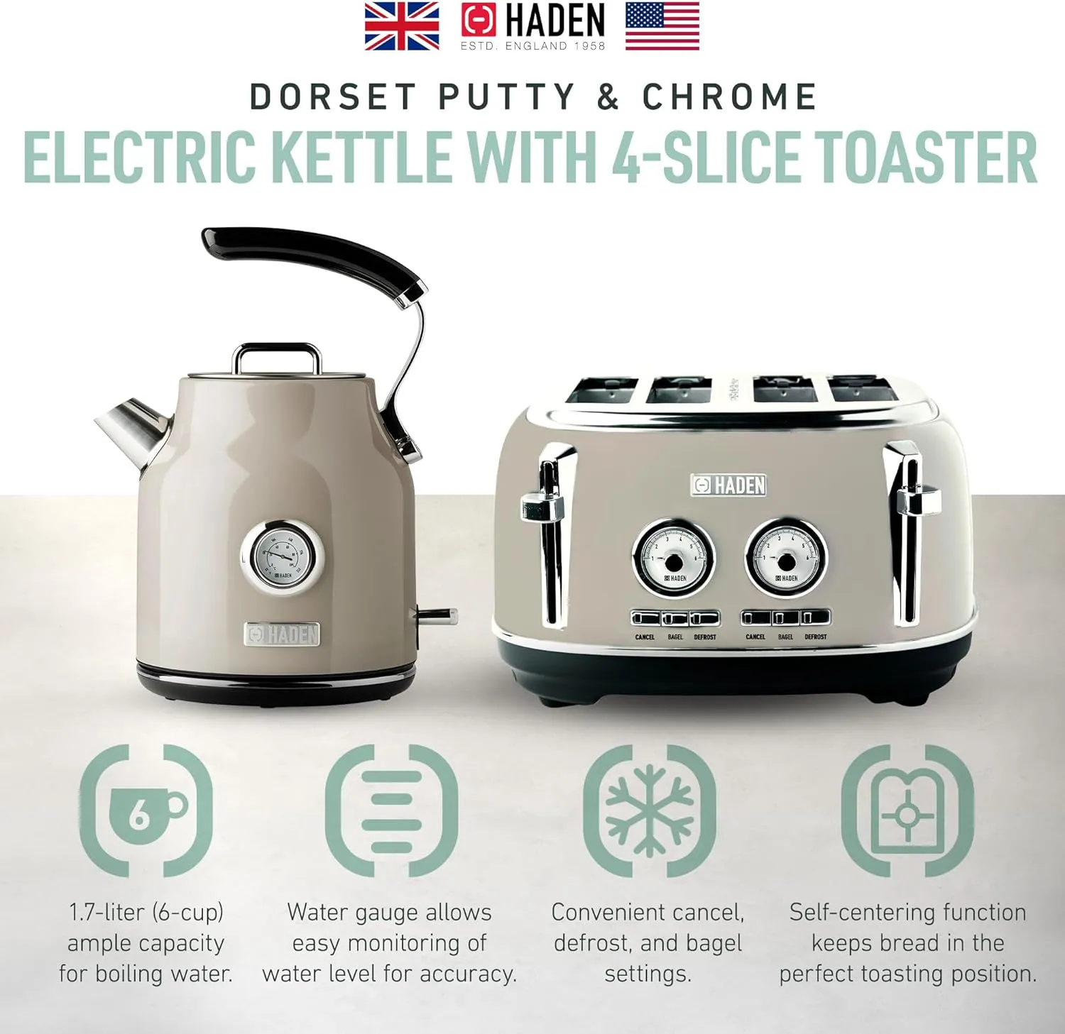 Haden Dorset 4 Slice Wide Slot Stainless Steel Toaster Bundled with 1.7 Liter Stainless Steel Electric Kettle with 360-Degree Base, Putty & Chrome