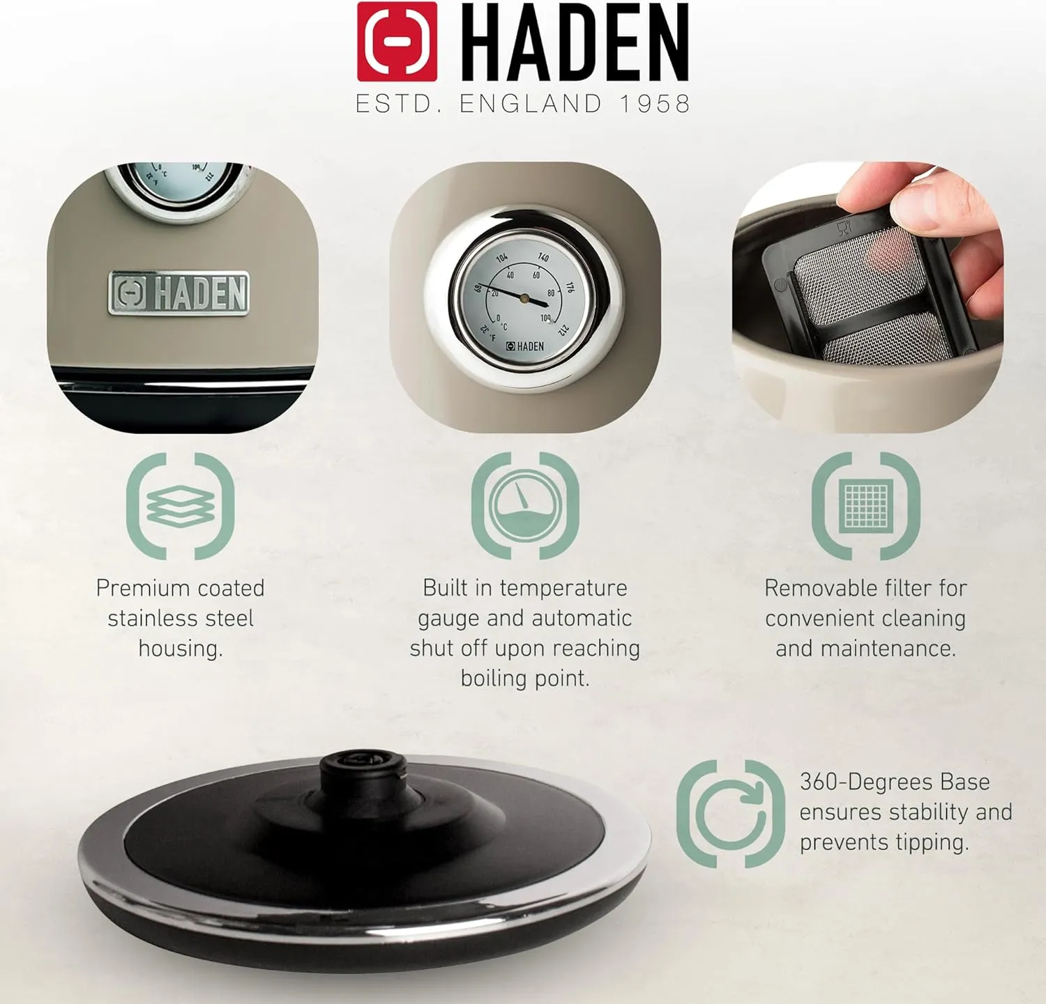 Haden Dorset 4 Slice Wide Slot Stainless Steel Toaster Bundled with 1.7 Liter Stainless Steel Electric Kettle with 360-Degree Base, Putty & Chrome