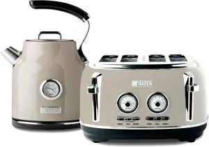 Haden Dorset 4 Slice Wide Slot Stainless Steel Toaster Bundled with 1.7 Liter Stainless Steel Electric Kettle with 360-Degree Base, Putty & Chrome