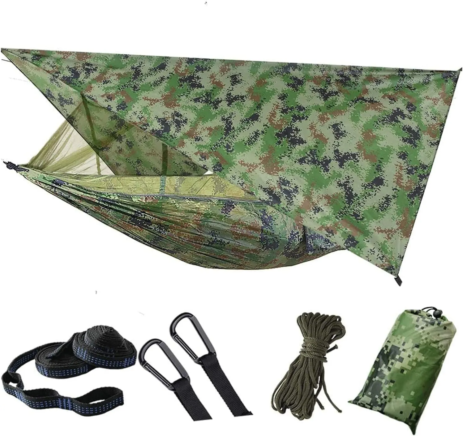 Hamaca Camping Hammock Set Waterproof Outdoor Hammock w/Mosquito Net Storage Bag Portable Sheild Quick Open Automatic Canopy Awning Tent Backpacking Accessories, Camouflage