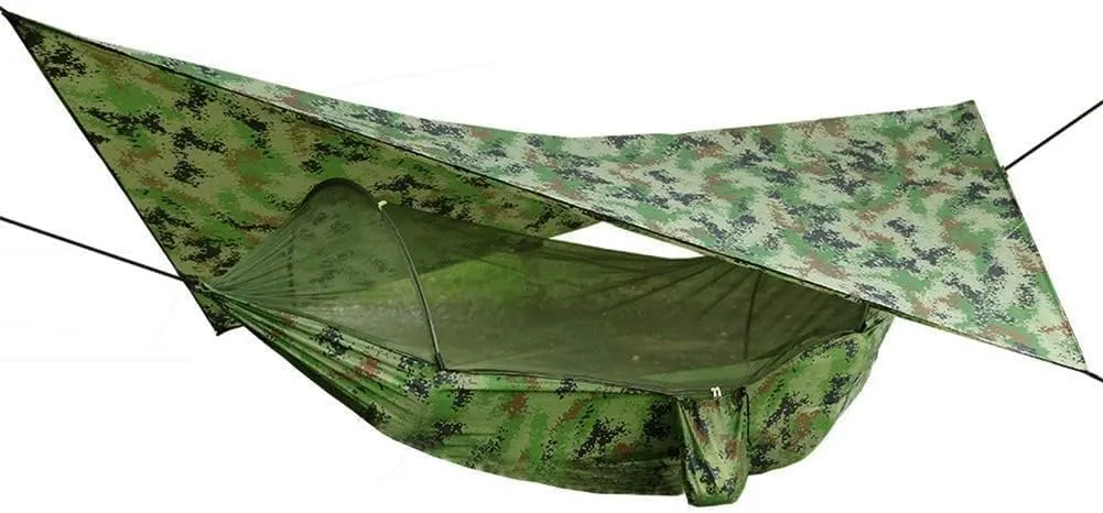 Hamaca Camping Hammock Set Waterproof Outdoor Hammock w/Mosquito Net Storage Bag Portable Sheild Quick Open Automatic Canopy Awning Tent Backpacking Accessories, Camouflage