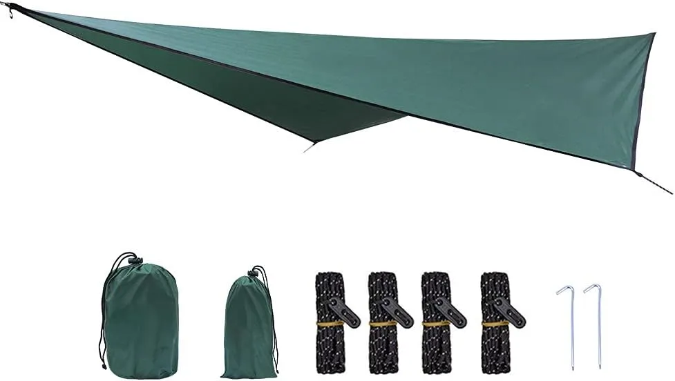 Hammock Awning, Water Proof Camping Ground Mat Tent Double Fabric 210T Polyester for Outdoor Activities (Dark Green)