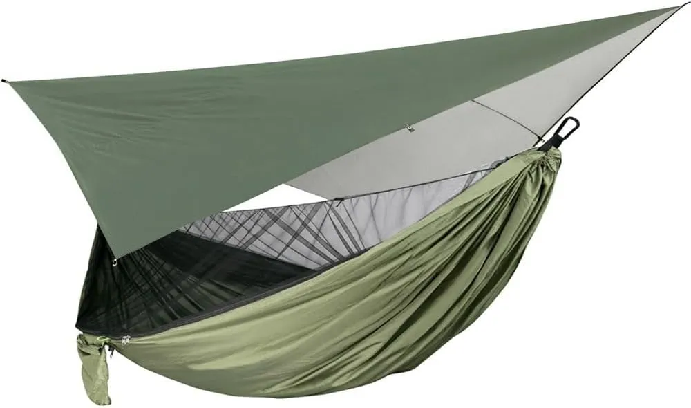 Hammock Portable Nylon Camping Hammock with Waterproof Rain Fly Canopy Tarp for Outdoor Hanging Bed Sleeping, Green 3