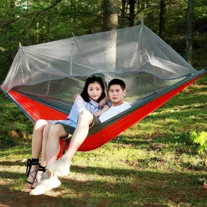Hammock with Mosquito Net,Outdoor Double Camping Hammock,Lightweight Nylon Parachute Hammocks for Hiking Travel Beach Red 260x140cm